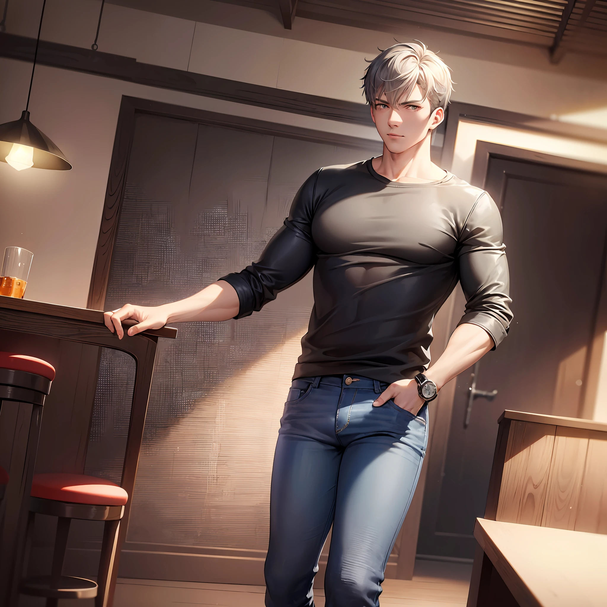 8K resolution, ultra-fine detail, delicate picture, intense ray tracing, masterpiece, high quality, detail light, ray tracing, 1 man, short gray hair, perfect face, blue ear drills, strong body, full body shot, leather jacket, jeans, casual shoes, drinking at a bar, photo pose