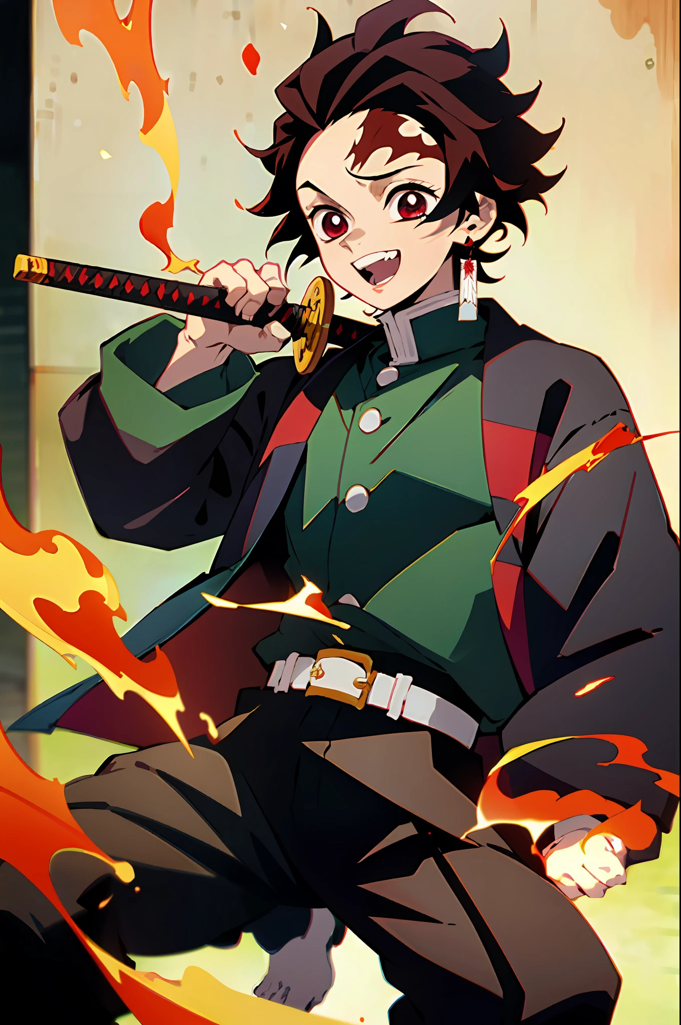 estilo kimetsu no yaiba, Kamado Tanjiro, uniforme matador de demônios, 1 menino, foco masculino, cicatriz on face, arma, cicatriz, brincos, dentes, joia, calça, cicatriz on forehead, cabelo castanho, cinto, black calça, roupas japonesas, Haori, green Haori, Sozinho, olhos vermelhos, mangas compridas, Coloração de anime, (((Obra de arte)), cara feliz, fogo, Espada japonesa,