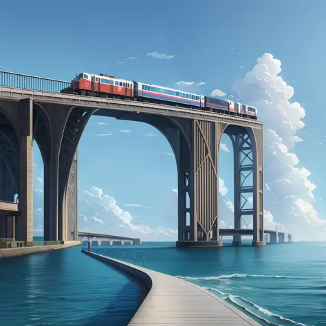 On the sea, there is a modern viaduct, which extends from left to right, and the perspective can see a train passing by on the b...