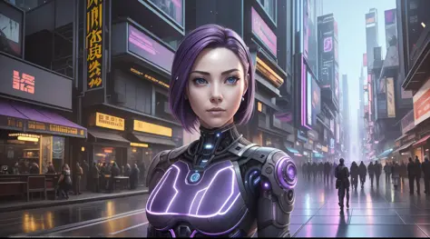 Award-winning photo from the waist up, purple-haired woman showing her face, alone, from the torso up, with cybernetic enhanceme...