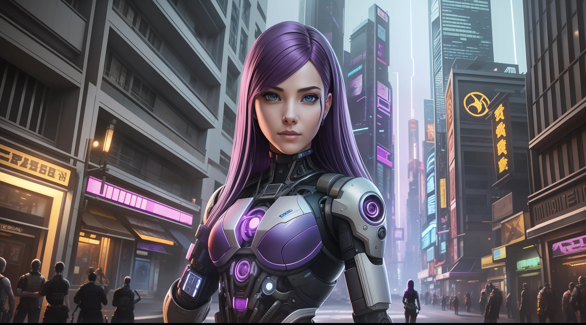 Award-winning photo from the waist up, purple-haired woman showing her face, alone, from the torso up, with cybernetic enhancements with tattoo of magical symbols, in front of cyberpunk buildings, vibrant, photorealistic, hyperrealism, strong impressionist painting style, 1,618, elegant, ethereal, intricate, elaborate, hyper-realism, hyper-detailed, strong expressiveness and emotionality, cinematic lighting, visual clarity