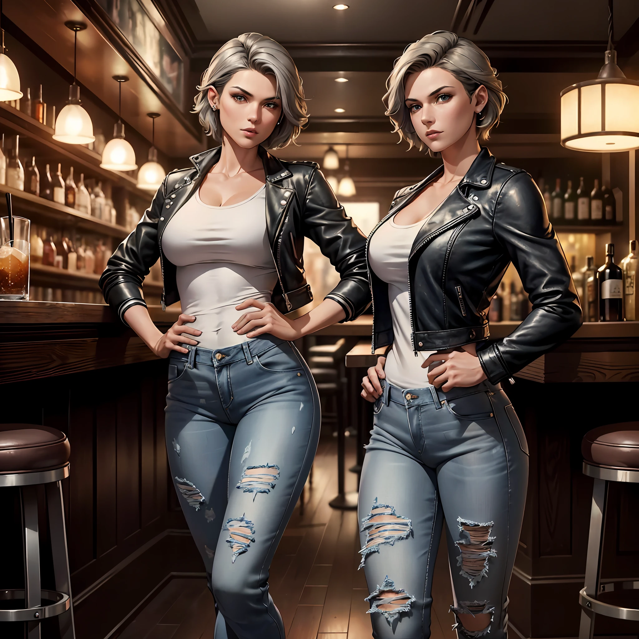 8k resolution, ultra-fine detail, delicate picture, intense ray tracing, masterpiece, high quality, detail light, ray tracing, 1 man, short gray hair, perfect face, blue ear drills, toned body, full body shot, leather jacket, wide-leg jeans, casual shoes, drinking at a bar, photo pose