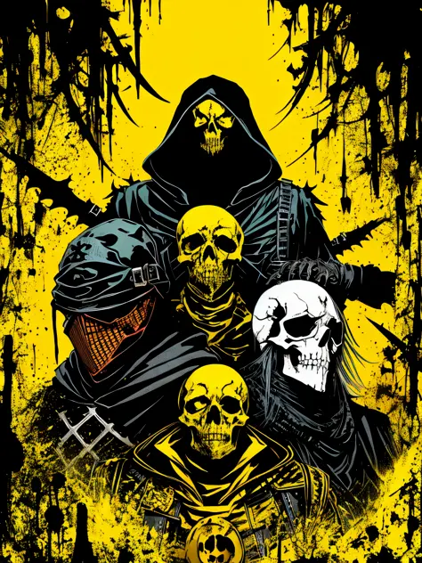 yellow and black, skull face medieval cultists, in the style of Mork Borg, strong contrast, grunge dirty punk splash art, zine black metal, forest color splash background