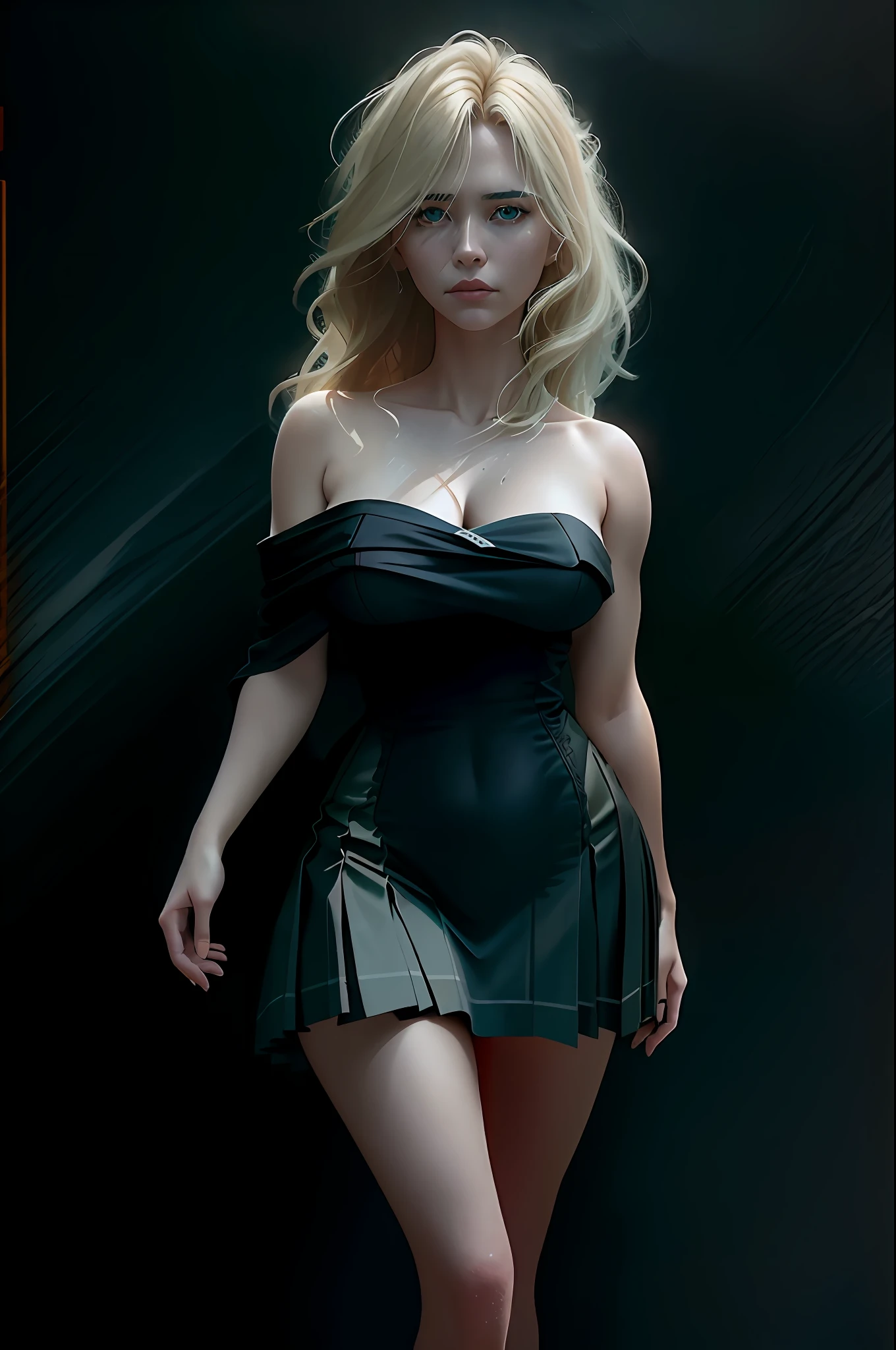 sinister tiefer schatten foto preisgekrönt beste qualität meisterwerk oberkörper frau blonde haare vom wind verweht smaragdgrüne augen trägerloses kleid modern von Jeremy Lipking von Antonio J. Manzanedo von Lee Jeffries Nikon D850 Film Stock Fotografie 4 Kamera Kodak Portra 400 Objektiv f1.6 satte farben, realistische textur, hyperrealistische beleuchtung, dramatischer mechanismus, unwirklicher trend auf artstation cinestill 800,  Fischaugenlinse, Kilt-Stil, windiger Strand, Schottischer See, Wald, Ultra-Realismus, 8k Auflösung, Perfektion der Details, Harmonisierung der Gesichtszüge, Ultra-Realismus of face and body, extreme Schärfe