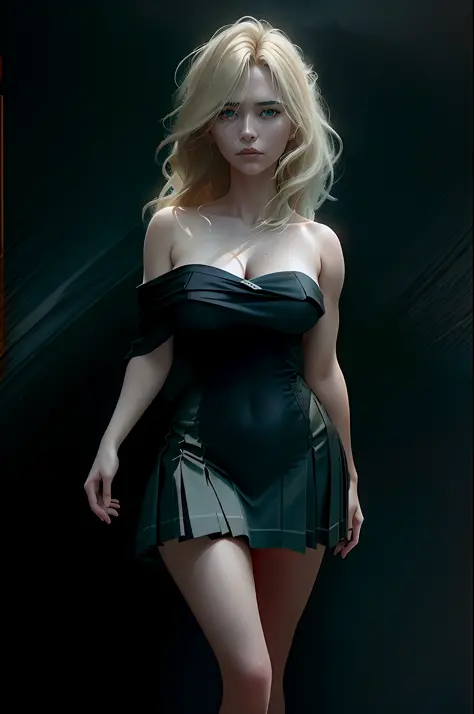 sinister deep shadow photo award-winning best quality masterpiece upper body woman blonde hair blown by wind emerald eyes strapl...