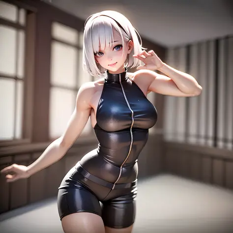 white hair, short cut,1girl,short pants, sneakers, beautiful eye, full body, dancing, looking away, black suit,[realistic], [3d]...