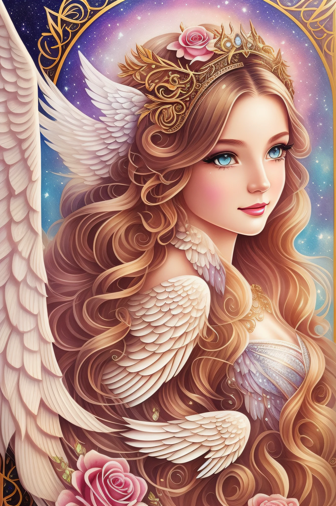 Watercolor beautiful magical, beautiful Mystic Goddess, flowing heart, vintage frame, with angel wings, smile, feathers, stars, roses, moon, facing side, fantasy illustration, perfect face, with beautiful face and with stars, beautiful light hair, perfect eyes, gold light, vivid vibrant colors, intricate detail, hyper detailed, hyper quality, 32K, unreal engine, isolated on white background, kawaii, clipart, fantasy art
