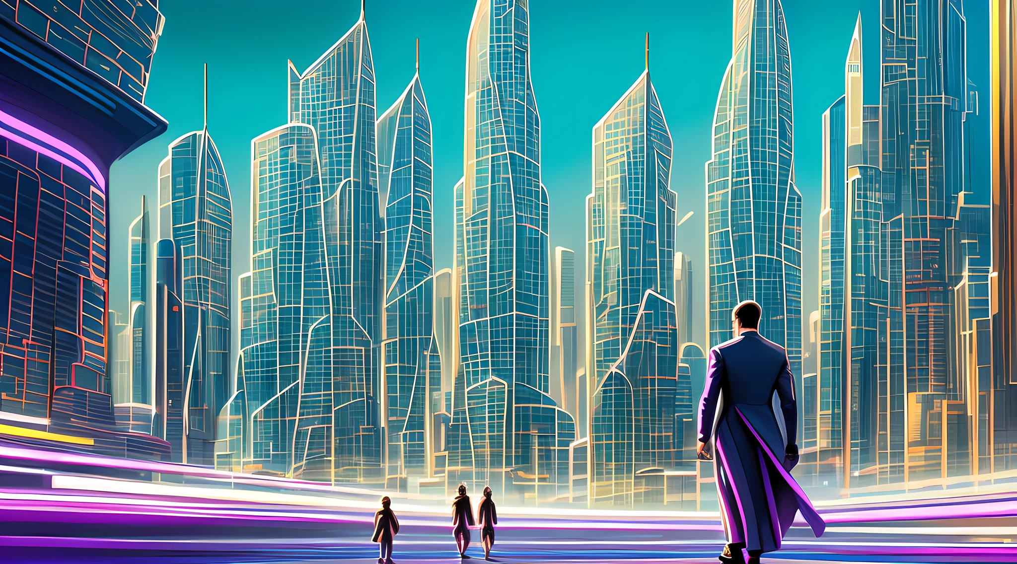 一幅描绘未来城市景观的油画, 摩天大楼和飞行器占据了整个画面. 色彩明亮而鲜艳, 带有蓝色色调, 绿色的, 紫色占据主导地位. 在前景中, 一群人走向一个巨人, 发光的金字塔.