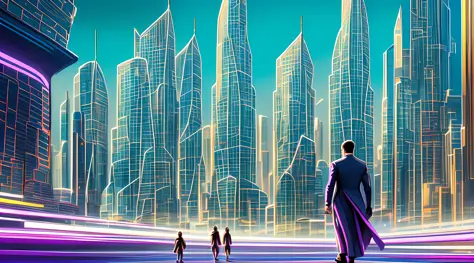 An oil painting of a futuristic cityscape, with towering skyscrapers and flying vehicles filling the frame. The colors are brigh...