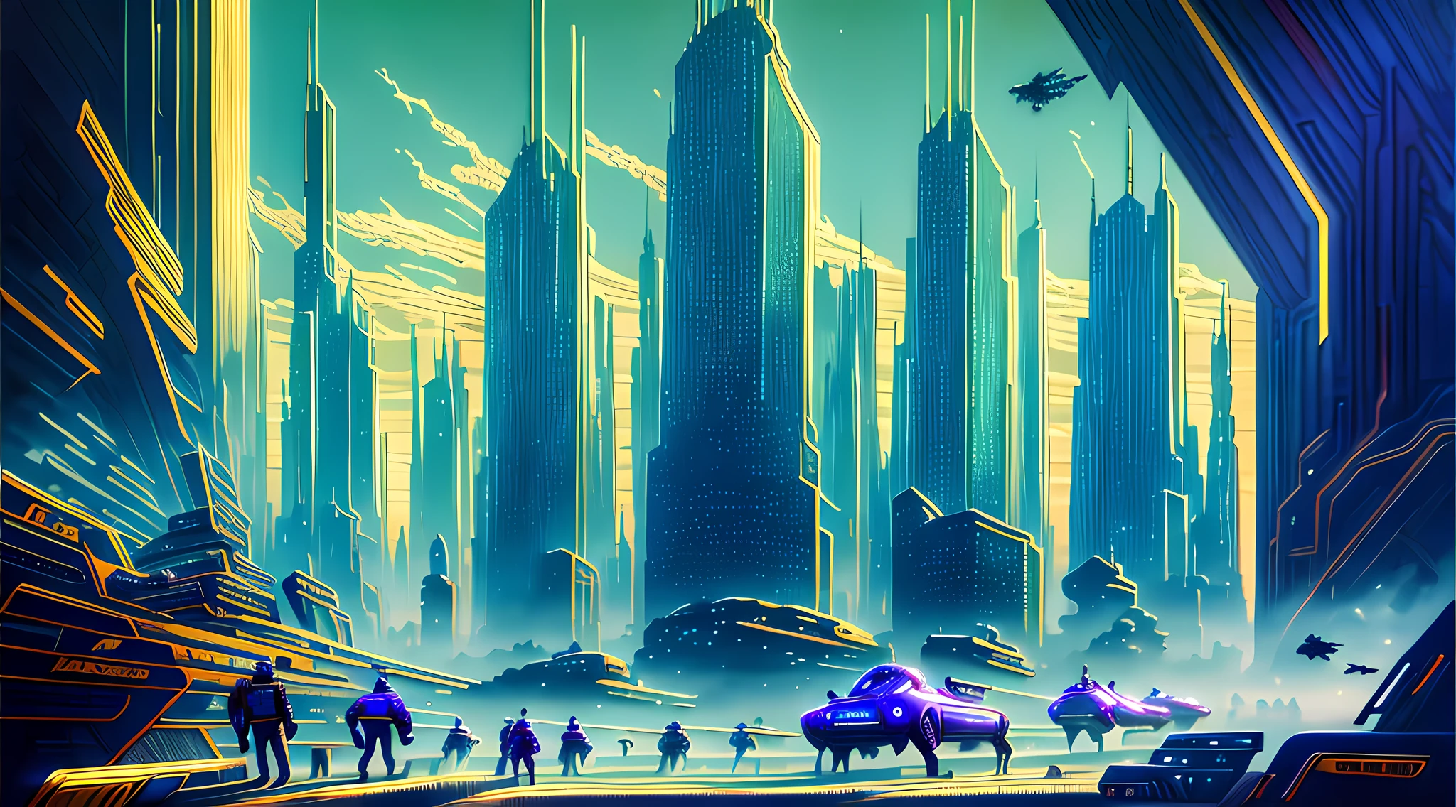 一幅描绘未来城市景观的油画, 摩天大楼和飞行器占据了整个画面. 色彩明亮而鲜艳, 带有蓝色色调, 绿色的, 紫色占据主导地位. 在前景中, 一群人走向一个巨人, 发光的金字塔.