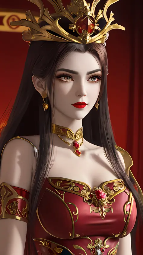 A beautiful queen wearing a red antique dress with gold trim, beautiful face, long hair, golden crown on her head, mysterious neck and hair jewelry, Light red irises, big round eyes, thin and sharp eyebrows, detailed and sharp eyelashes in every detail,  r...