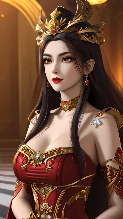 A beautiful queen wearing a red antique dress with gold trim, beautiful face, long hair, golden crown on her head, mysterious ne...