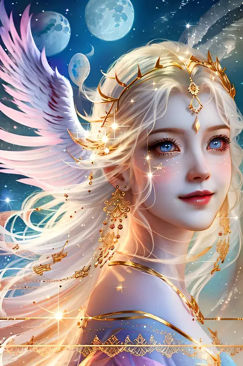 Watercolor beautiful magic, mystical goddess, flowing light, vintage frame, angel wings, smile, angel wings evenly drawn left and right, stars, roses, moon, looking back, fantasy illustration, perfect face, beautiful light hair, perfect eyes, golden light,...