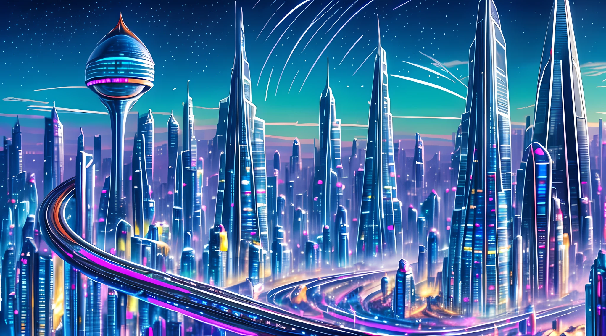 一幅描绘未来城市景观的油画, 摩天大楼和飞行器占据了整个画面. 颜色鲜艳而充满活力, 带有蓝色色调, 绿色的, 紫色占据主导地位. 在前景中, 一群人走向一个巨人, 发光的金字塔.