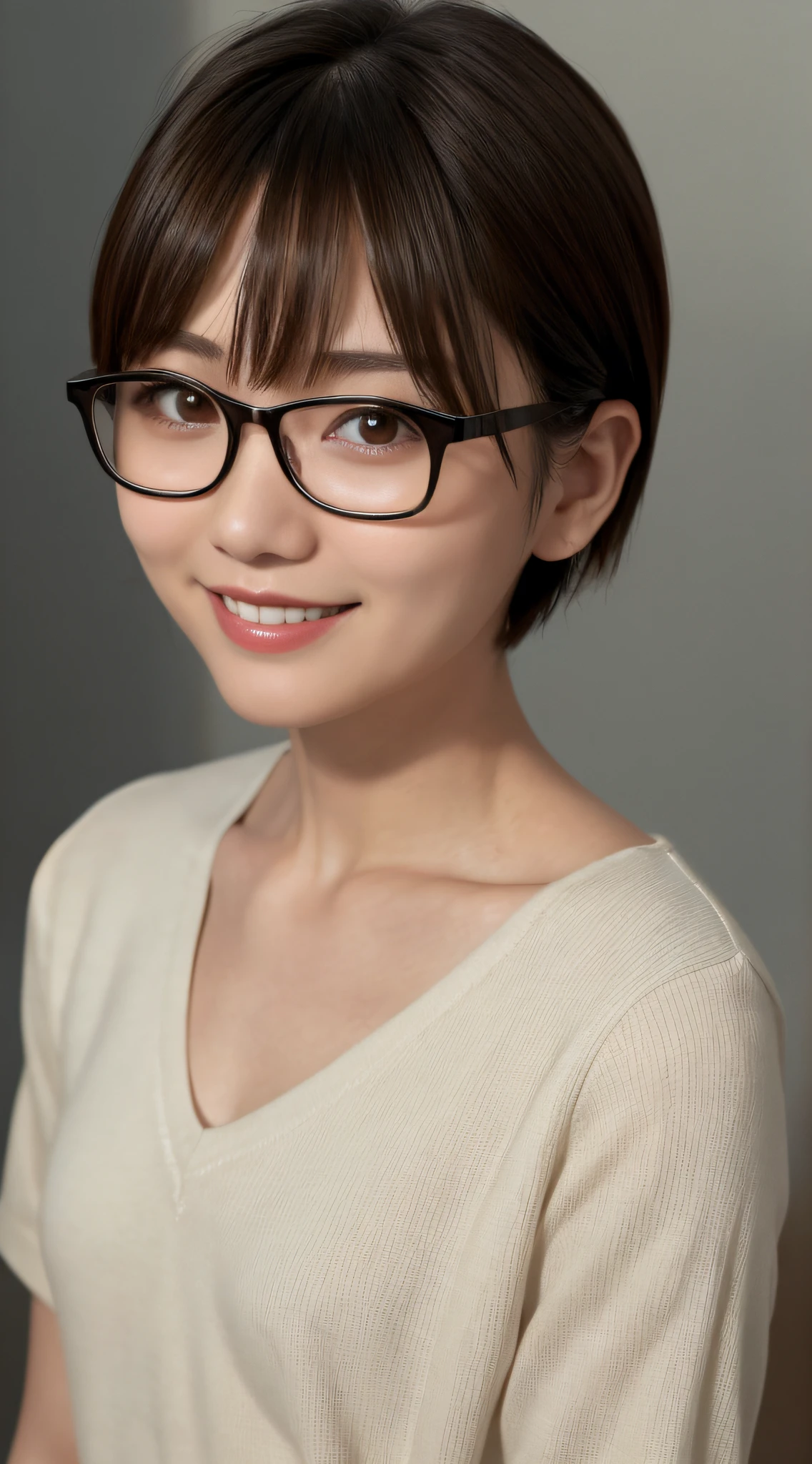 A woman with glasses and a white shirt posing for a picture - SeaArt AI