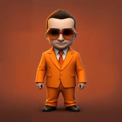 a male character, orange suit, orange tie, cyberpunk, brunette, businessman, orange glasses frame, dark lenses, 3d, cartoon, uhd...