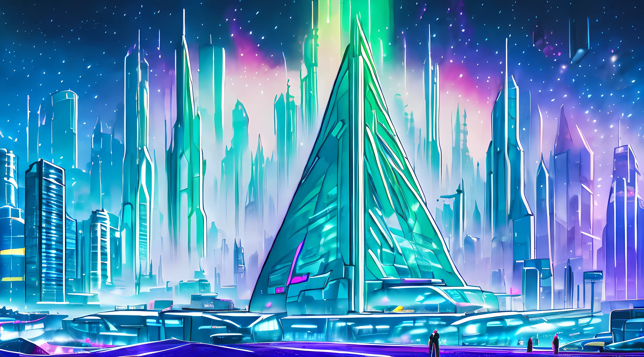 Una pintura al óleo de un paisaje urbano futurista., con imponentes rascacielos y vehículos voladores llenando el encuadre. Los colores son brillantes y vibrantes., con tonos de azul, verde, y el morado dominando la escena. en primer plano, Se puede ver a un grupo de personas caminando hacia un gigante., Pirámide resplandeciente.