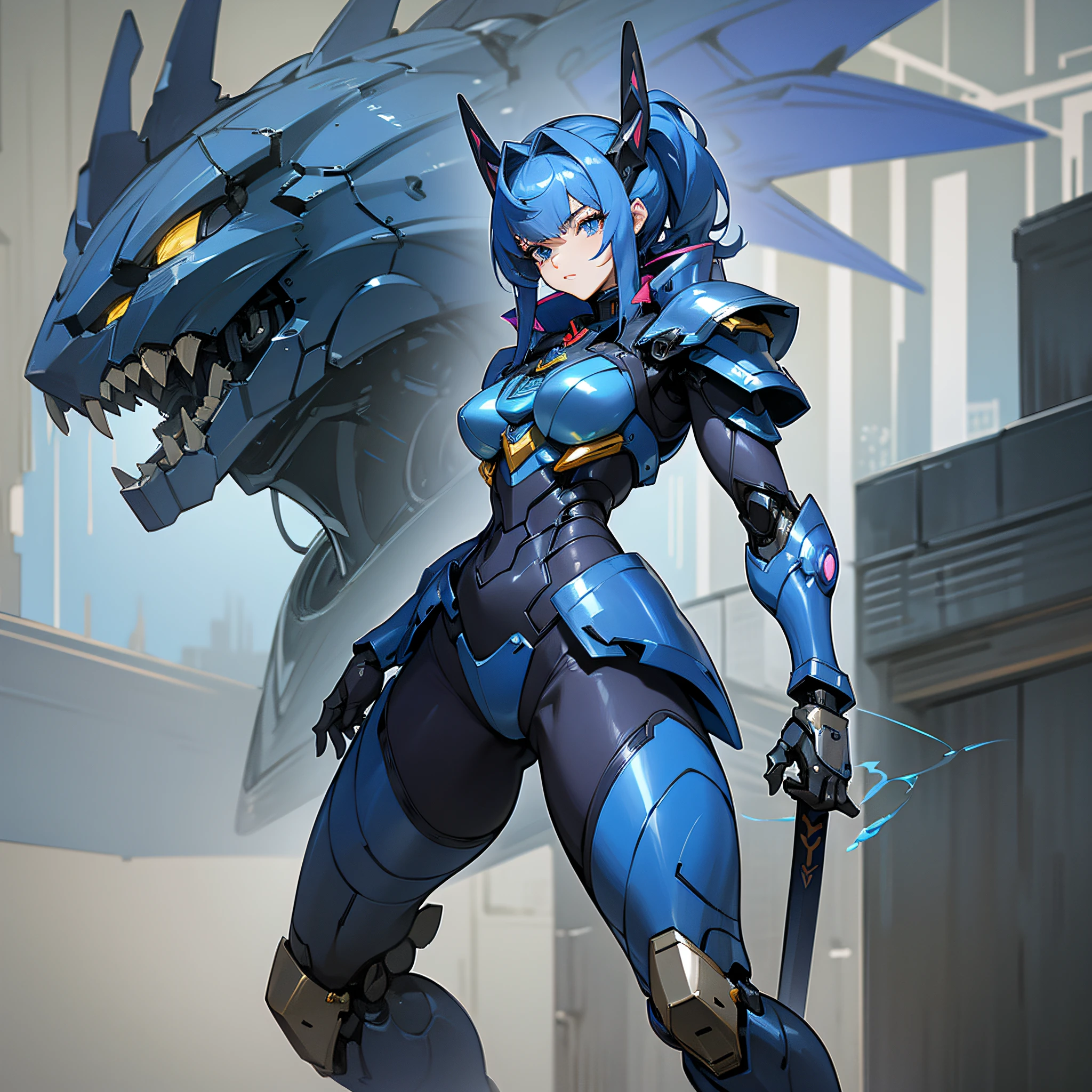 Dark blue paint, villain, close-up of person in costume with sword, cyber  japan style armor, cyber japan armor - SeaArt AI