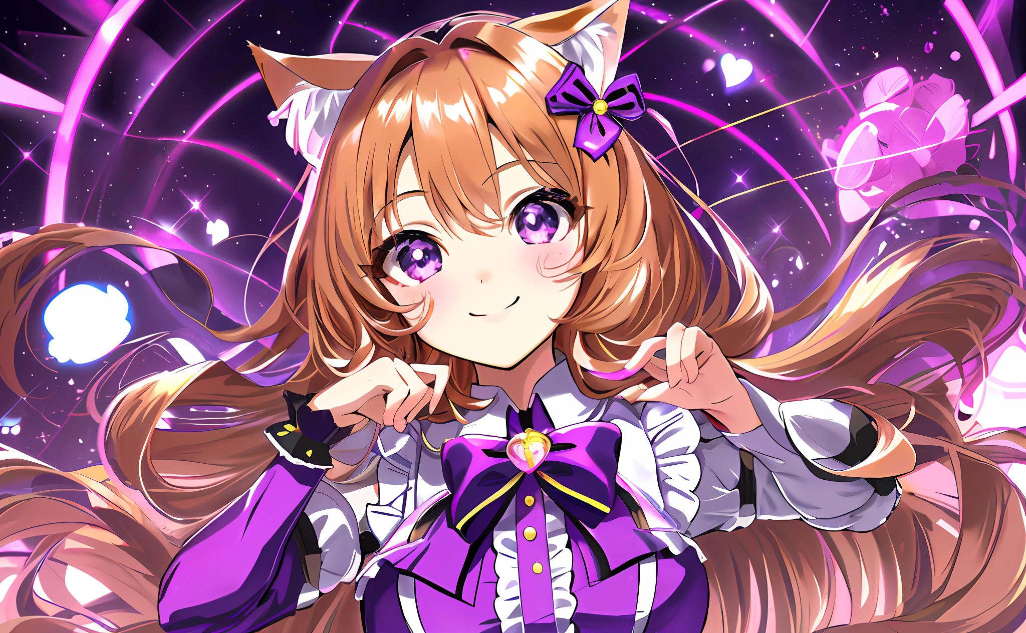 (Chibi Chibi: 1.3), Solo, full body, wearing shiny purple maid clothes, highly detailed face, (smile: 1.3), lively, (gravure pose: 1.4), beautiful detailed eyes, looking up, (eye to eye), light brown long hair, cat ears, neon, masterpiece, top quality, highly detailed 8k wallpaper