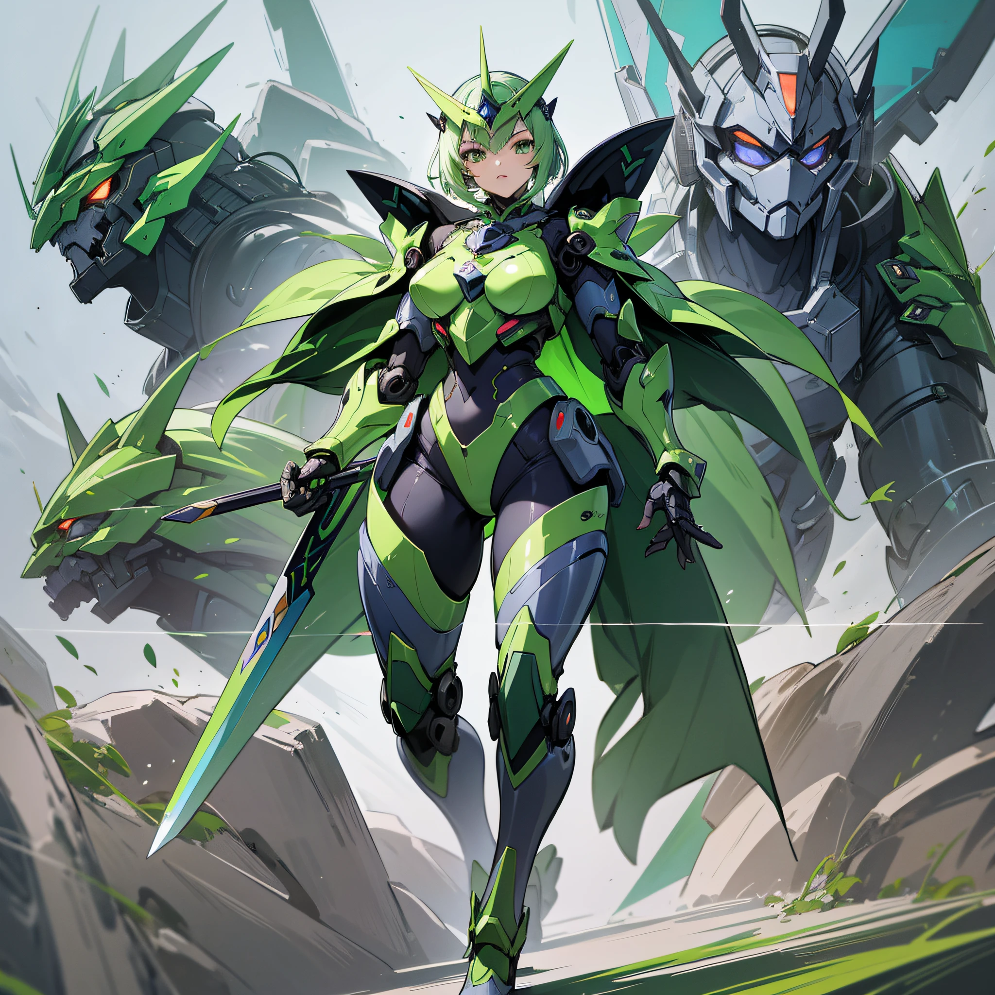 Anime character with green and black armor and a green and black robot -  SeaArt AI