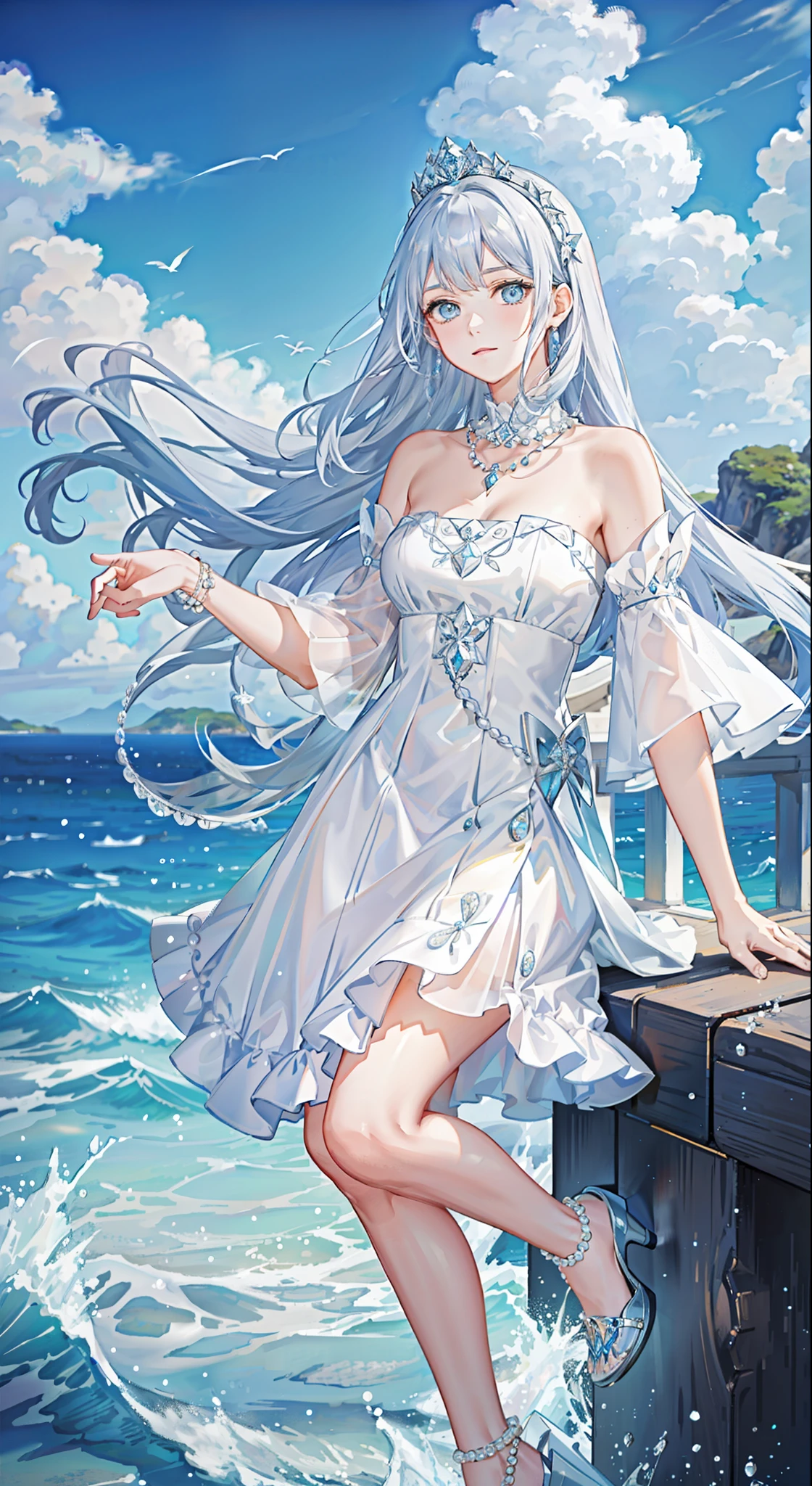 ((Best picture quality, best, girl), (dress, white crown, necklace, pearls, accessories AND intricate details strapless), (one person, ocean, waves, sea, fish, boat#on board), ((blue Color: 1.3, sea blue, long hair, blue eyes): 1.2), headgear: 1.2, neon mystery, fantasy: 0.8, [movie lens, strong light and shadow: 1.2, glow effect])]