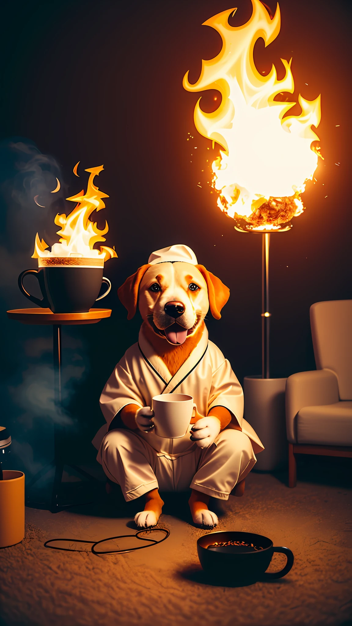 (擬人化された犬:1.3) コーヒーカップを持つ, 座っている, ローブで, eating breakfast and コーヒーカップを持つ, もっている, 粒子, ボリューム照明,  リビングルームの焼失, 地面と椅子が燃えている, たくさんのガジェットと機器, 機器が燃えている, 煙, 周囲に炎が広がる,