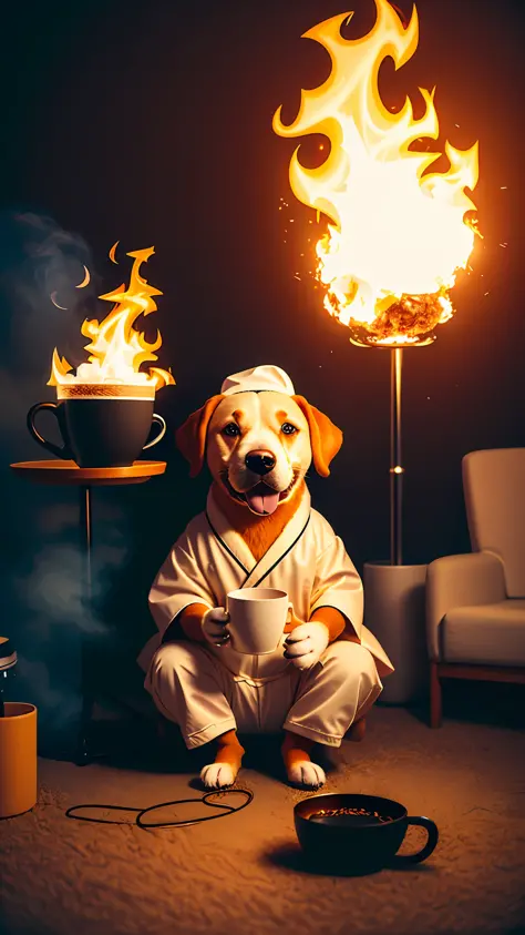 (anthropomorphic  dog:1.3) holding a coffee cup, sitting, in a robe, eating breakfast and holding a coffee cup, hat, particles, ...