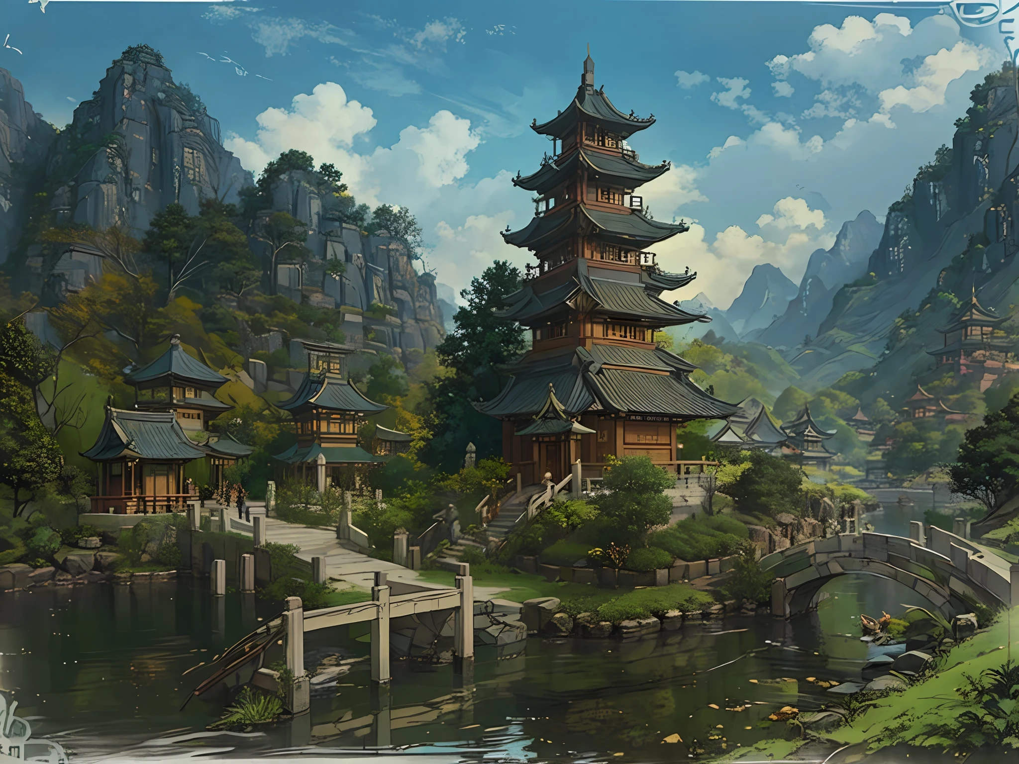 有桥梁和宝塔的中国村庄风景, 景观艺术品, G Ryurian艺术风格, 寺庙背景, 景观游戏概念艺术, 详细风景 - 宽度 672, 精美的艺术插图, zen 寺庙背景,