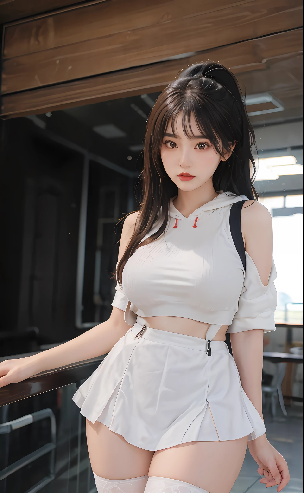 (masterpiece, realistic, high resolution), ((1 girl): 1.2), Korean, ((white wavy hair): 1.3), (heterochromia: 1.1, thick eyebrows,), (white hoodie, black sports shorts), ((medium breasts): 1.2, small waist, thigh), catwalk walk, masterpiece: 1.2, best quality), realism, (real pictures, rich detail details, depth of field), (1 girl, solo), makeup, high detail, perfect face shape, (: 1.4), (skin dents), thick thighs, wide hips, thin waist, high, coral, red lips, red eyes, ponytail (girls, shallow tulle, tulle transparent), (sweat: 1.2) , (wet), sexy, blush, (shy expression), shorts, short skirts, stockings, suspenders,