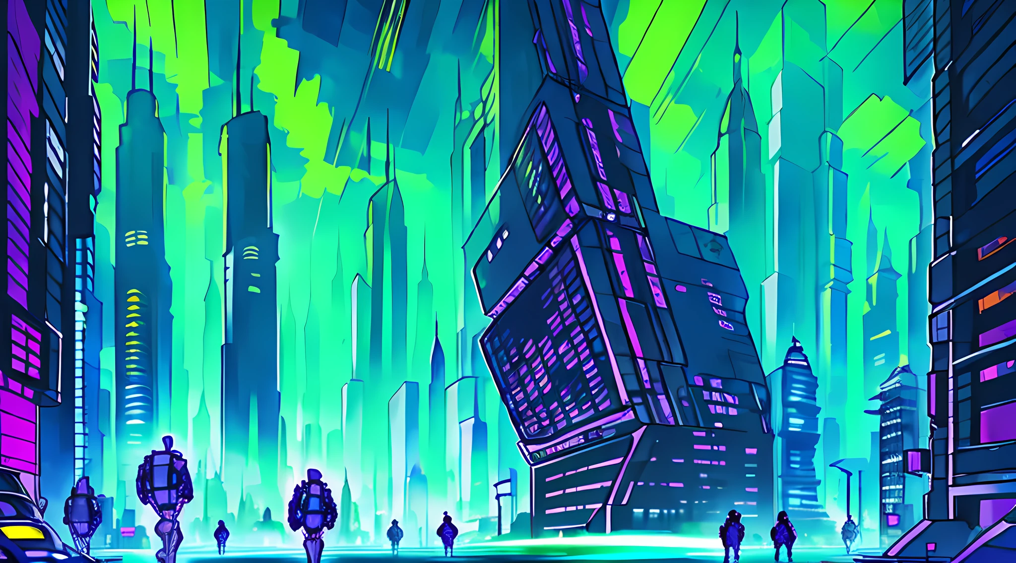 An oil painting of a futuristic cityscape, with towering skyscrapers and flying vehicles filling the frame. The colors are bright and vibrant, with shades of blue, green, and purple dominating the scene. In the foreground, a group of people can be seen walking towards a giant, glowing pyramid.