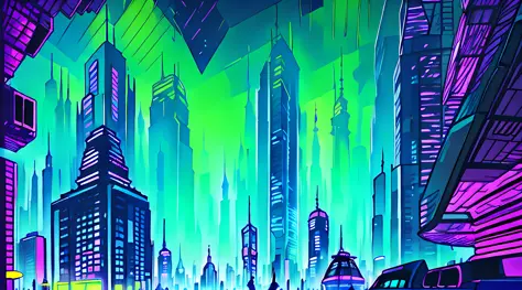 an oil painting of a futuristic cityscape, with towering skyscrapers and flying vehicles filling the frame. the colors are brigh...