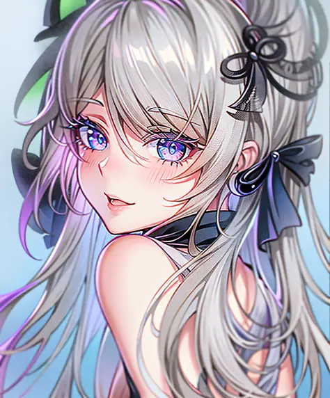 anime girl with long white hair and blue eyes wearing a bow, detailed portrait of anime girl, beautiful anime portrait, detailed...