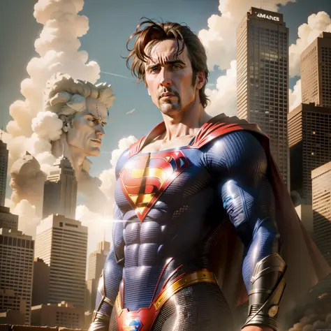 Nicolas cage as superman, hair accomplished, city destroyed in the background, epic, real, 8k, movie
