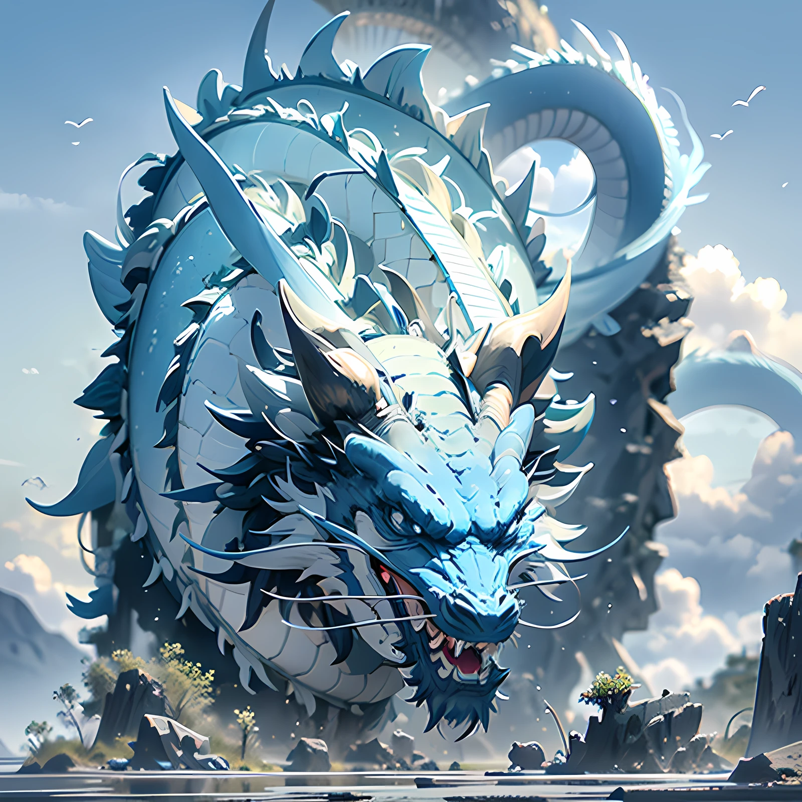 On the île, il y a un dragon chinois bleu gelé, îlot, île, dents pointues, 4K, super détail,