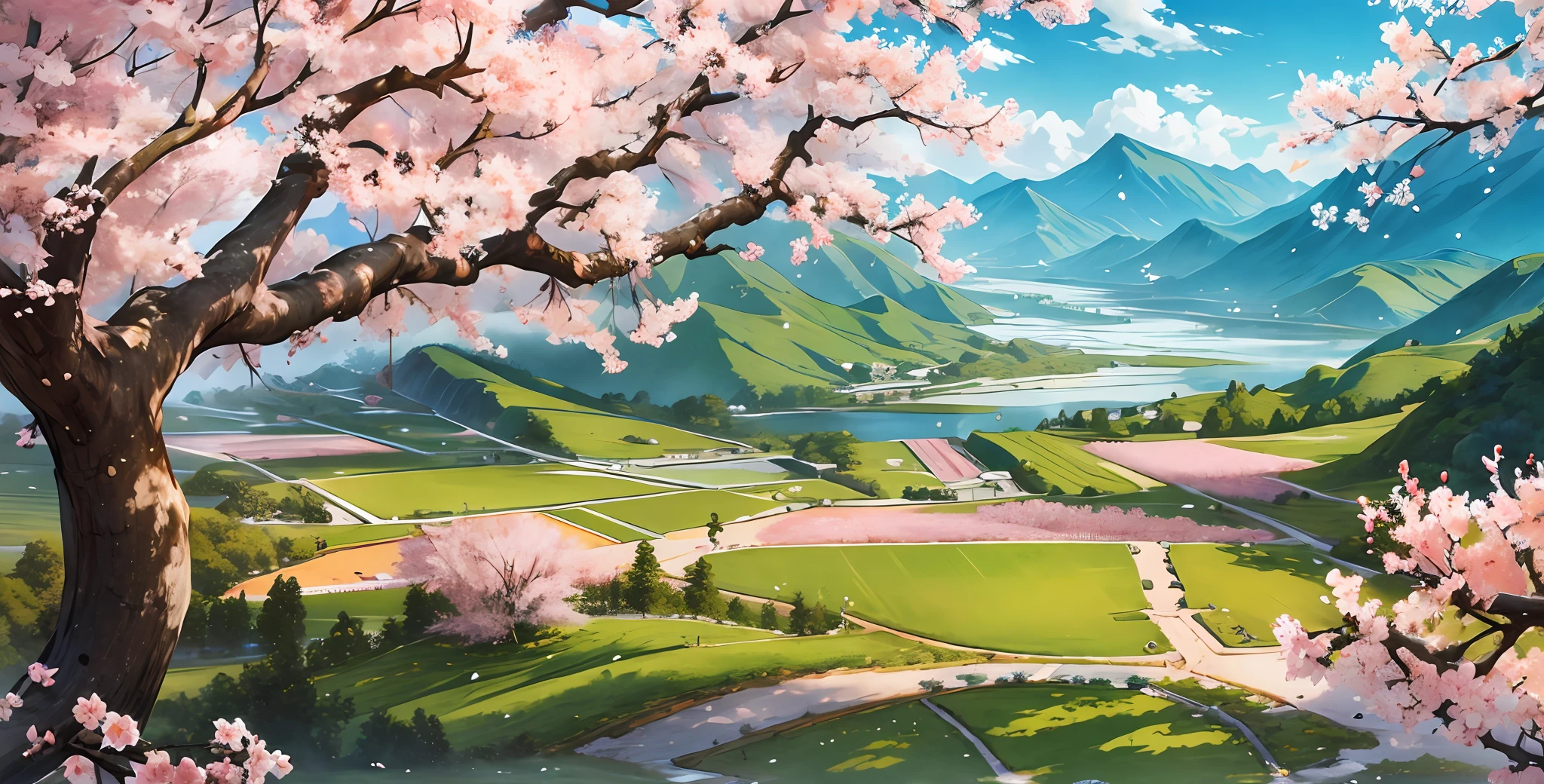 official art, Chinese landscape, peach blossom forest, beautiful landscape, masterpiece, high quality, exquisite graphics, high detail, epic landscape,