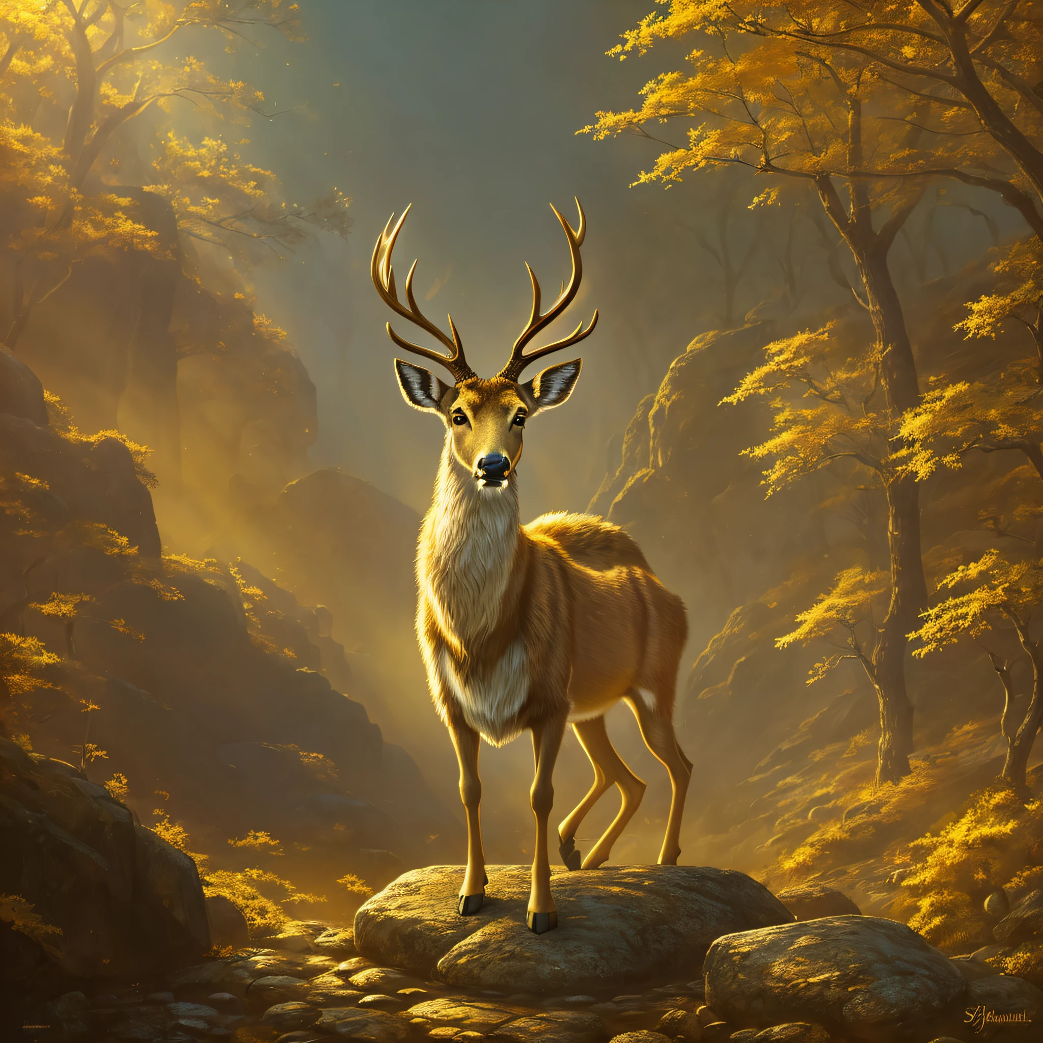 there is a deer that is standing on a rock, ancient antler deity, blurred and dreamy illustration, golden dappled dynamic lighting, gold ethereal light, concept art magical highlight, blurry and dreamy illustration, stylized painting, stylised painting, greek myth digital painting, mythical creature, background artwork, reindeer made out of shadows, anthropomorphic female deer, speedpaint --auto --s2