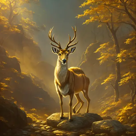 there is a deer that is standing on a rock, ancient antler deity, blurred and dreamy illustration, golden dappled dynamic lighti...