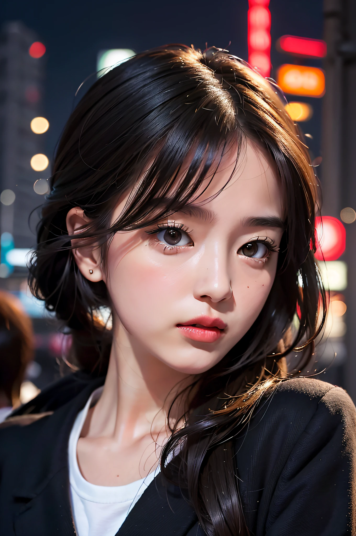 1girl, Tokyo street,night, cityscape,city lights, upper body,close-up, 8k, RAW photo, best quality, masterpiece,realistic, photo-realistic,