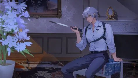 anime image of a man with a knife and a knife in his hand, bloody scene, gapmoe yandere, gapmoe yandere grimdark, yandere, cutsc...