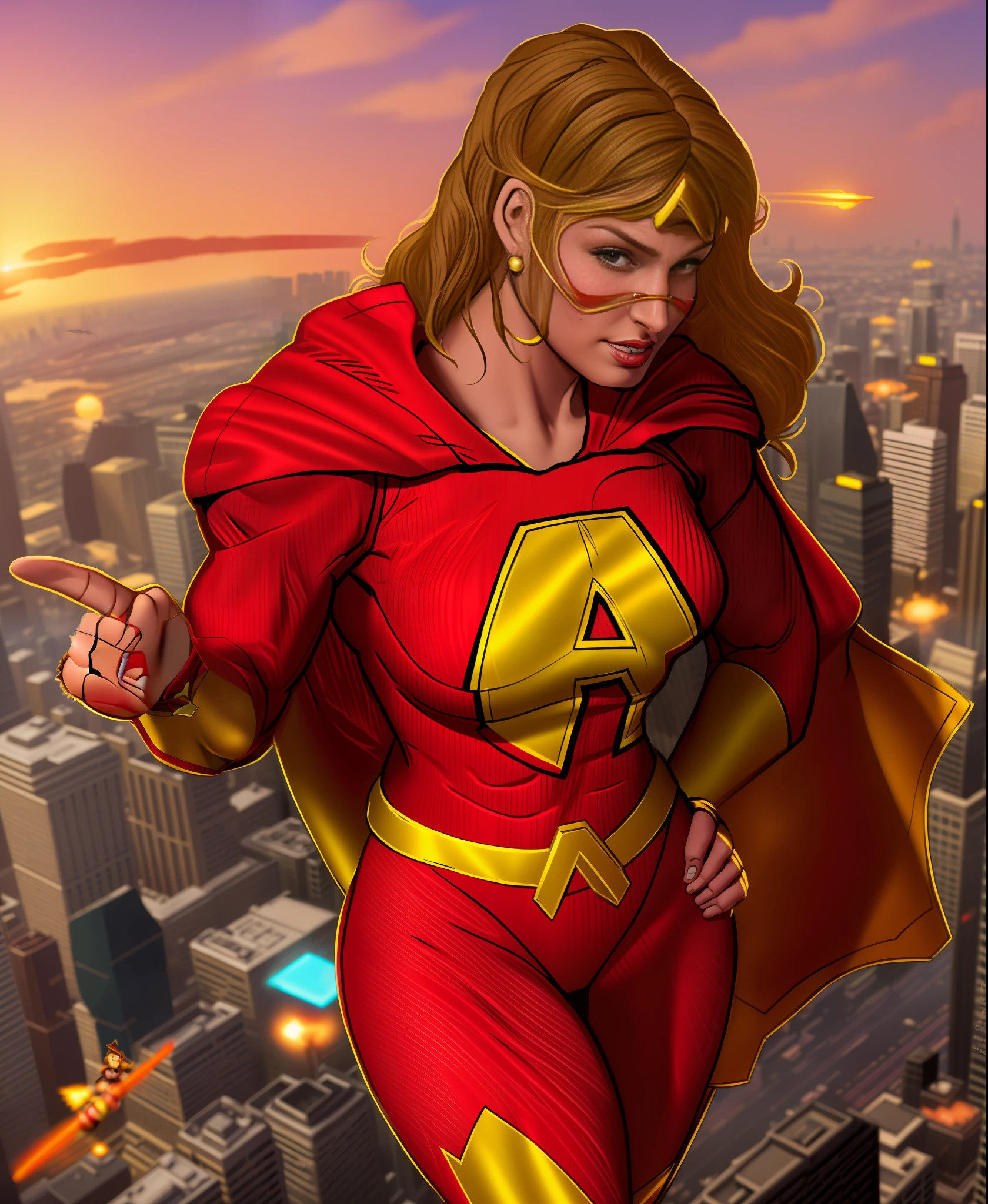 A close up of a woman in a red and gold costume flying over a city - SeaArt  AI