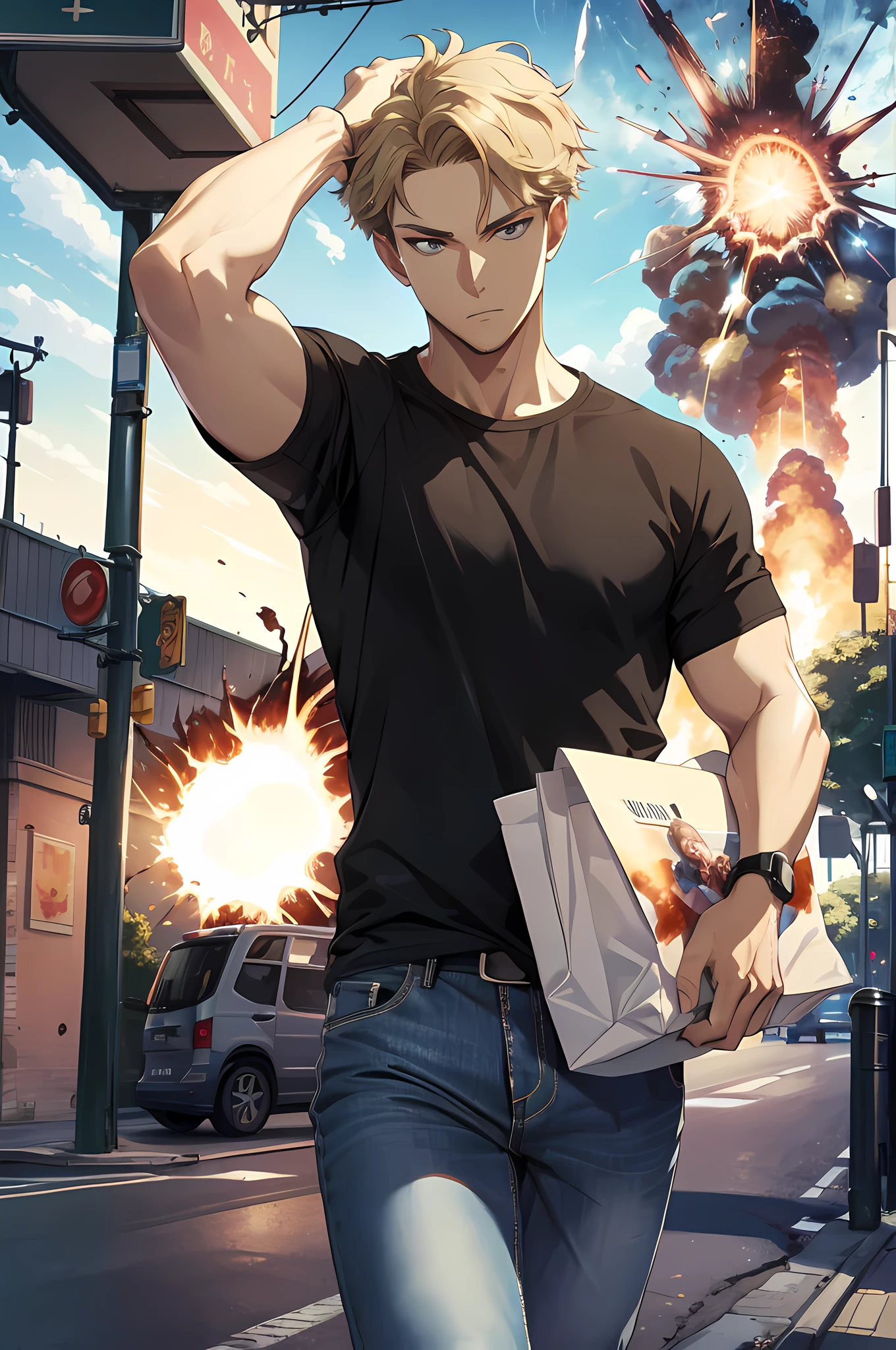 (absurdres, highres, ultra detailed, HDR), masterpiece, best quality, agent_twilight, 1man, solo, handsome, short hair, loosing t-shirt, jeans, street, shopping bag, ((explosion))