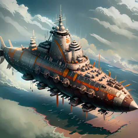 battleship flying in the sky, main gun reference battleship 3*3 layout, airship structure, battleship propeller replaced by jet ...