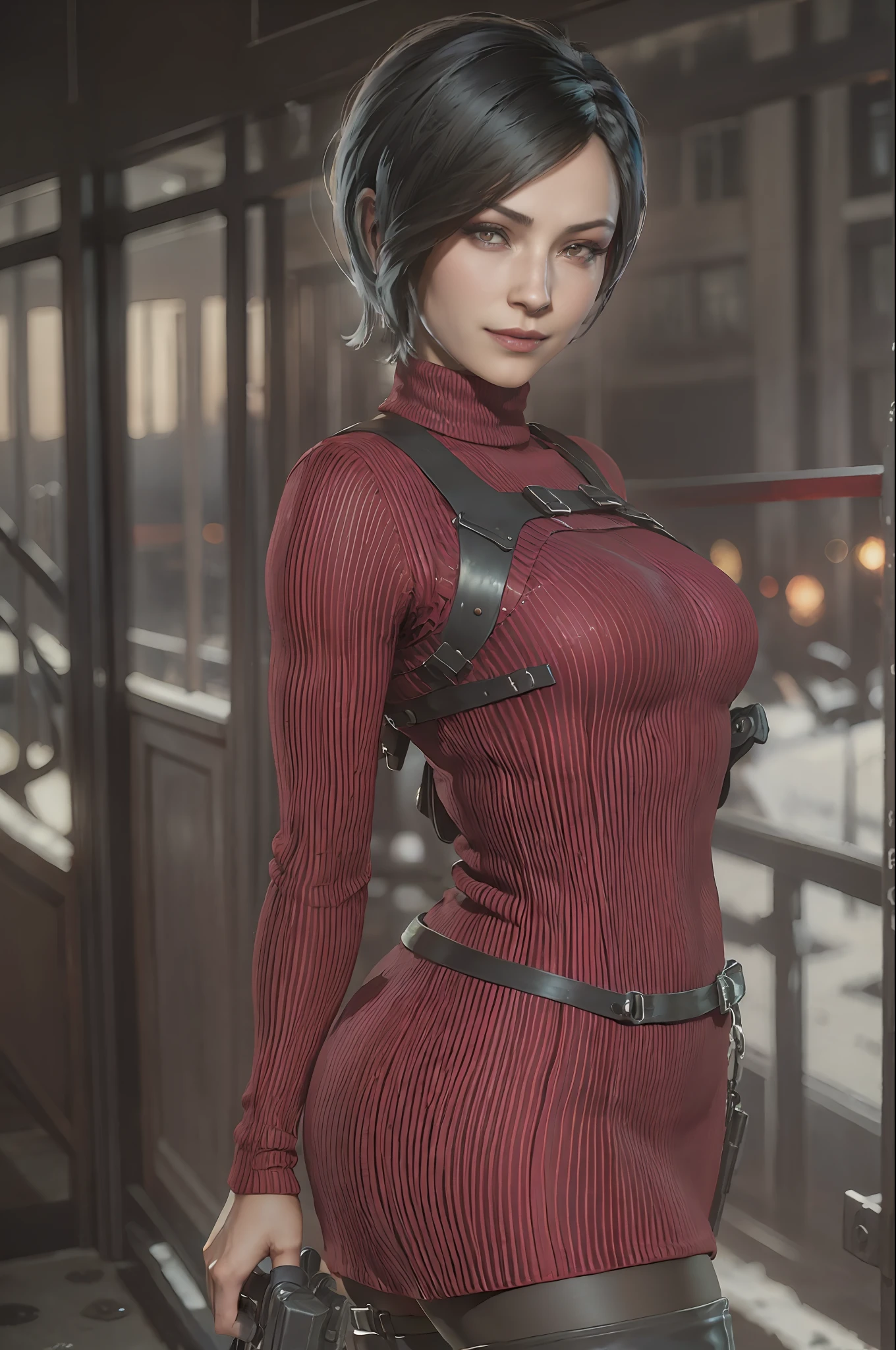 1 girl, solo, Ada Wong from Resident Evil 4 Remake, short hair, black hair, Red Sweater Turtleneck Dress, long sleeve drees, black tight pant, breast, thighs, butts, black heels, face of Adriana, viewer looking, devious smile, pistol hanging on her waist, best quality, high resolution:1.2, 18th century village in the background, shadows, nightime, moonlight, upper body shot, low camera angle, depth of field, center focus