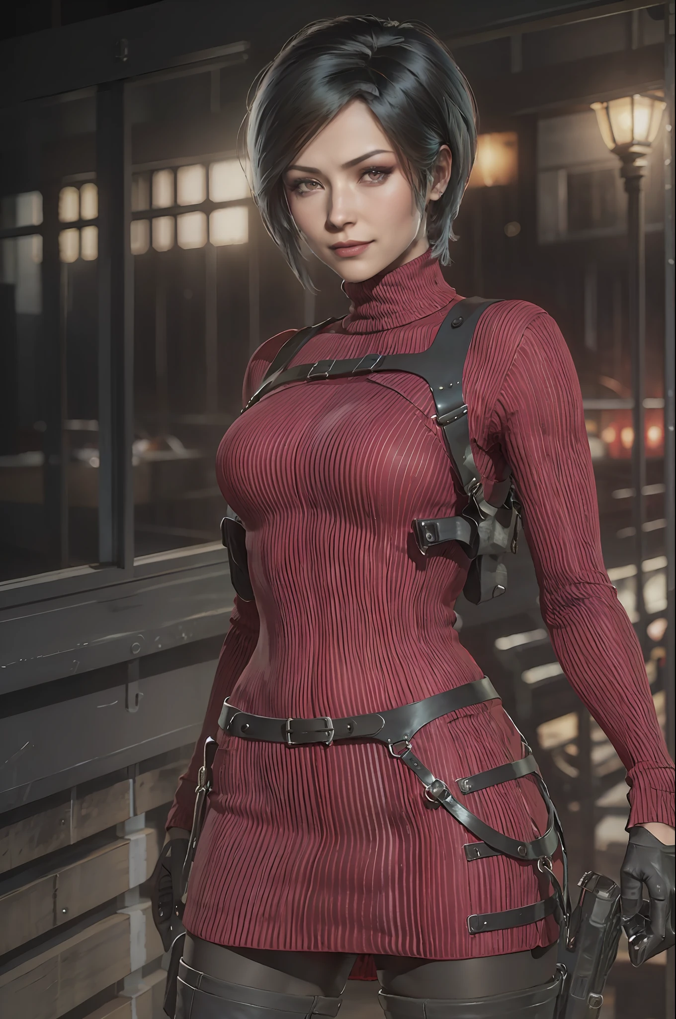 1 girl, solo, Ada Wong from Resident Evil 4 Remake, short hair, black hair, Red Sweater Turtleneck Dress, long sleeve drees, black tight pant, breast, thighs, butts, black heels, face of Adriana, viewer looking, devious smile, pistol hanging on her waist, best quality, high resolution:1.2, 18th century village in the background, shadows, nightime, moonlight, upper body shot, low camera angle, depth of field, center focus