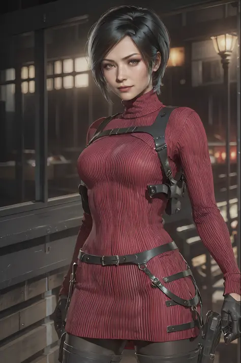 1 girl, solo, Ada Wong from Resident Evil 4 Remake, short hair, black hair, Red Sweater Turtleneck Dress, long sleeve drees, bla...