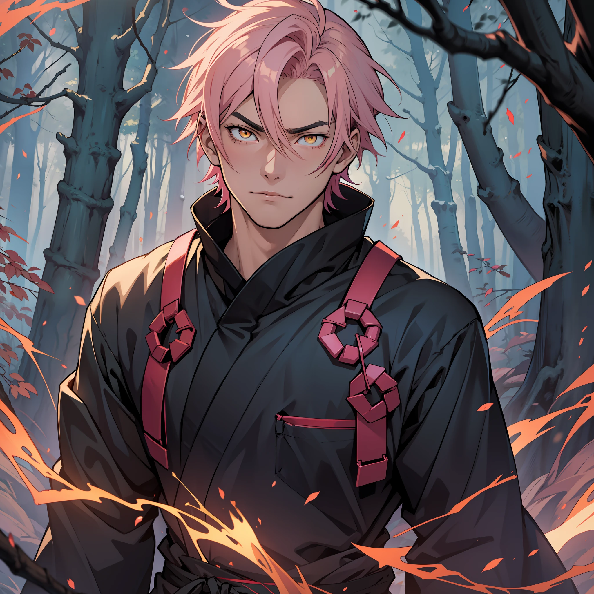 Anime guy with pink hair and black outfit standing in a forest - SeaArt AI