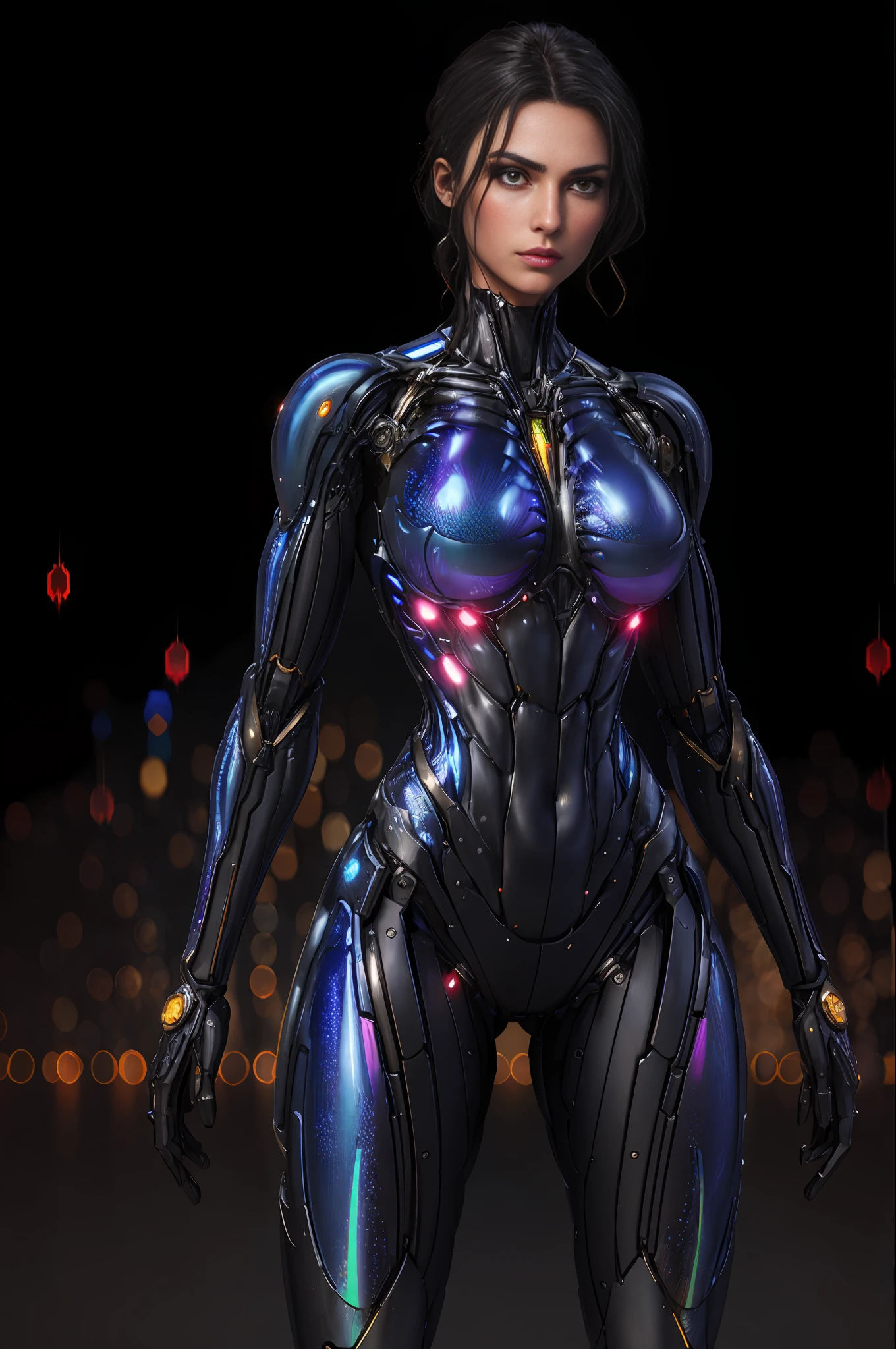 RAW, 1girl, colorful, full body shot, holographic nanosuit, (masterpiece, best quality), (detailed skin:1.3, detailed face:1.3), dslr, realistic, looking at viewer, sharp focus, delicate, soft colors, cinematic lighting, lean girl, large breasts:1.4, dark background, citiscape in the background, bokeh