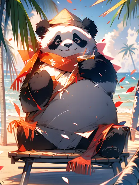 1 cute panda,outdoors,solo,On the beach,Face Close-up,portrait painting,Take the drink,hat,furry,leaf,standing,red scarf,no huma...