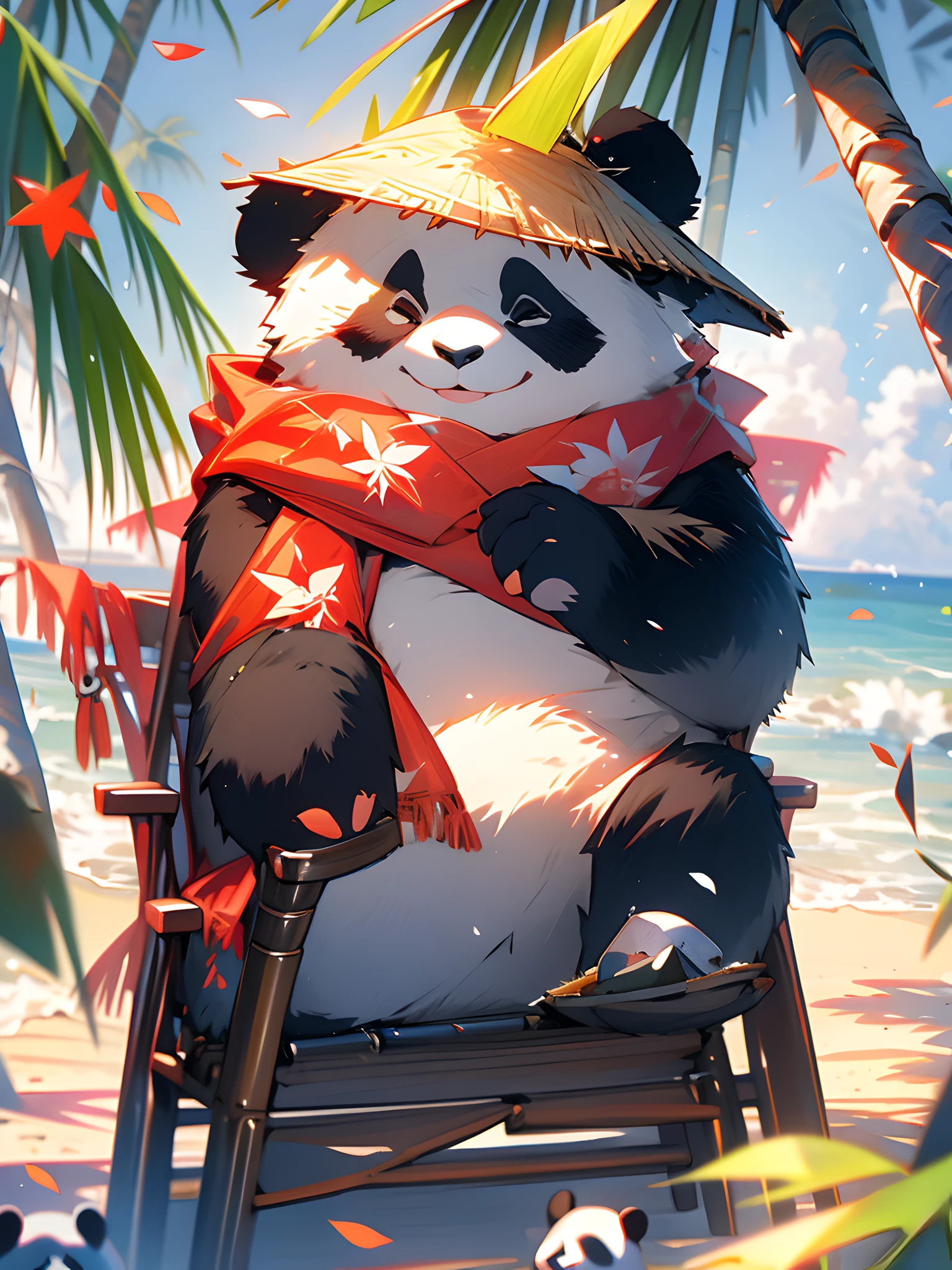 1 joli panda,En plein air,seulement,sur la plage,Gros plan du visage,Peinture de portraits,Prends la boisson,a,velu,feuille,debout,écharpe rouge,pas d&#39;humains,foulard,cocotier,MG Xiongmao,les pétales tombent,Allongez-vous sur la chaise,Ciel,nuage,Mouette,.