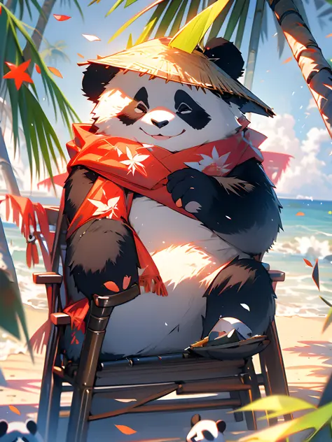 1 cute panda,outdoors,solo,On the beach,Face Close-up,portrait painting,Take the drink,hat,furry,leaf,standing,red scarf,no huma...